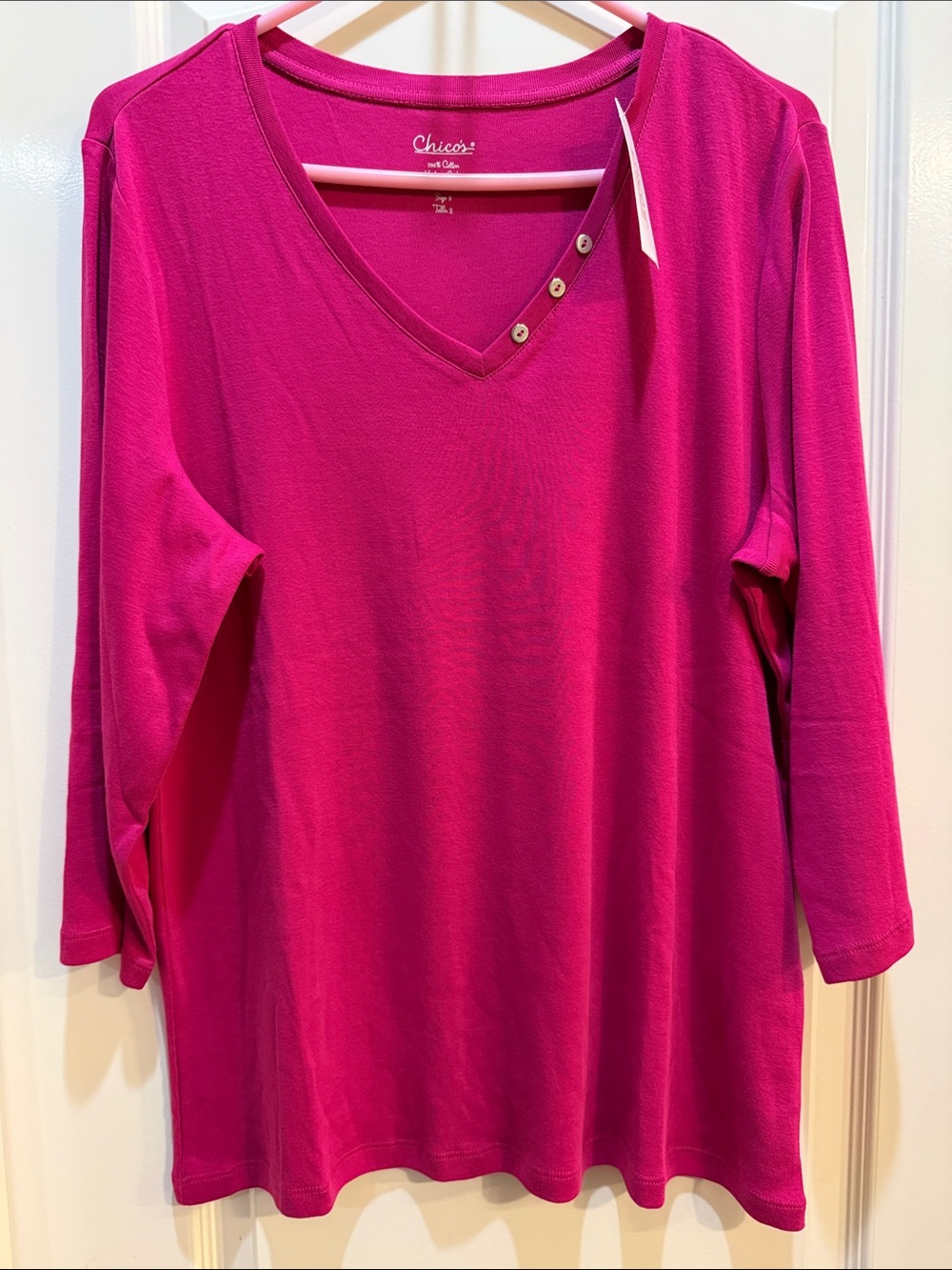 Chico's NWT Women's Bright Fuchsia V-Neck 3/4 Sleeve Top XL